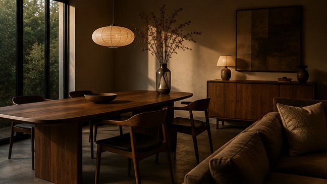 Warm-lit living and dining room with walnut furniture