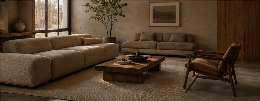 Living room styled with linen sofas and a walnut coffee table
