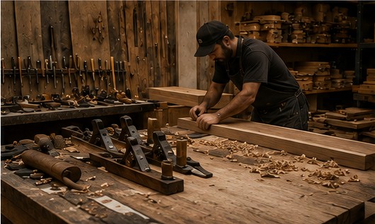 Joiner working on timber in the Svico workshop